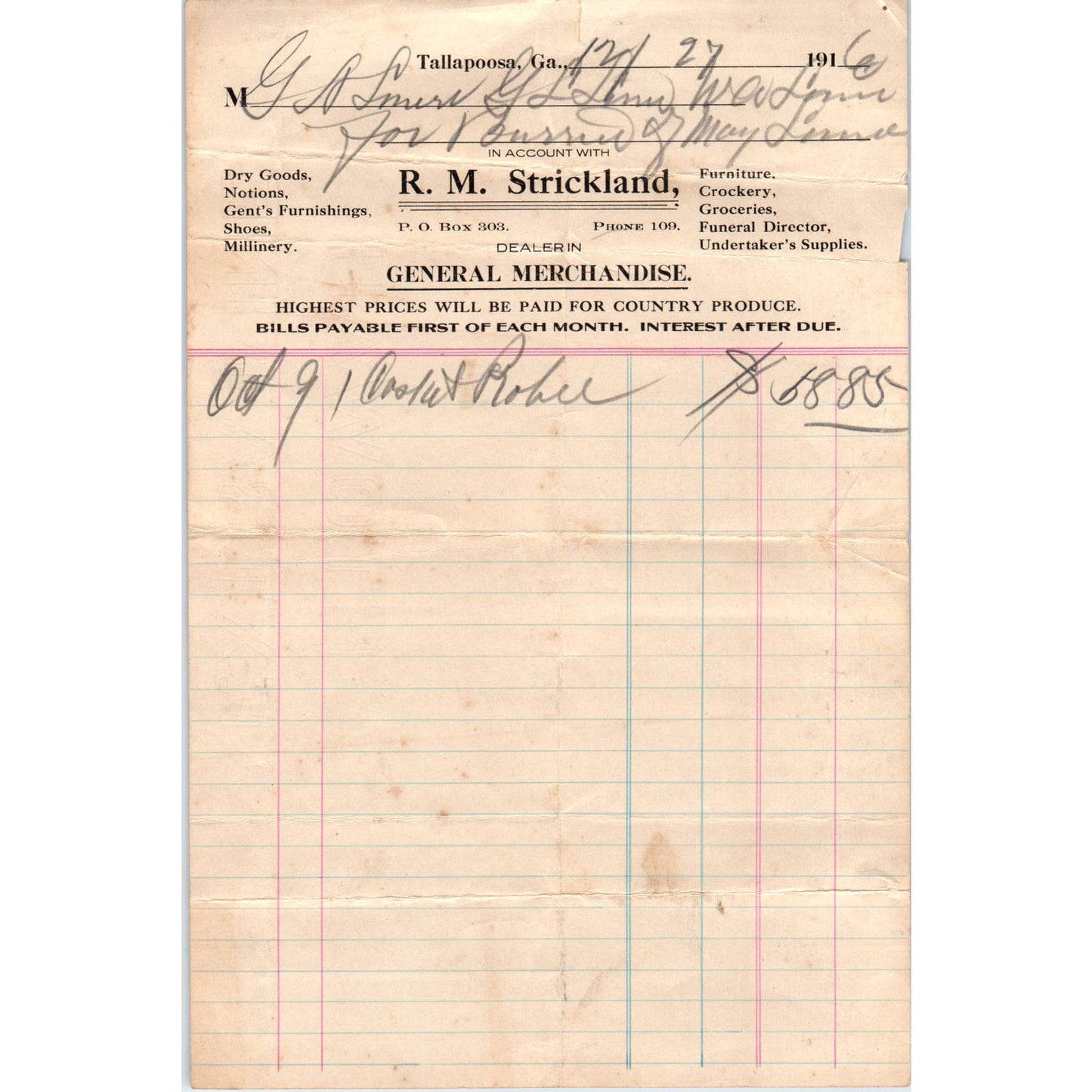 R.M. Strickland General Merchandise Tallapoosa GA 1916 Original Billhead D8-LL