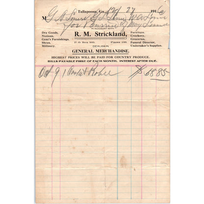 R.M. Strickland General Merchandise Tallapoosa GA 1916 Original Billhead D8-LL