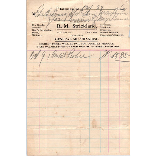 R.M. Strickland General Merchandise Tallapoosa GA 1916 Original Billhead D8-LL