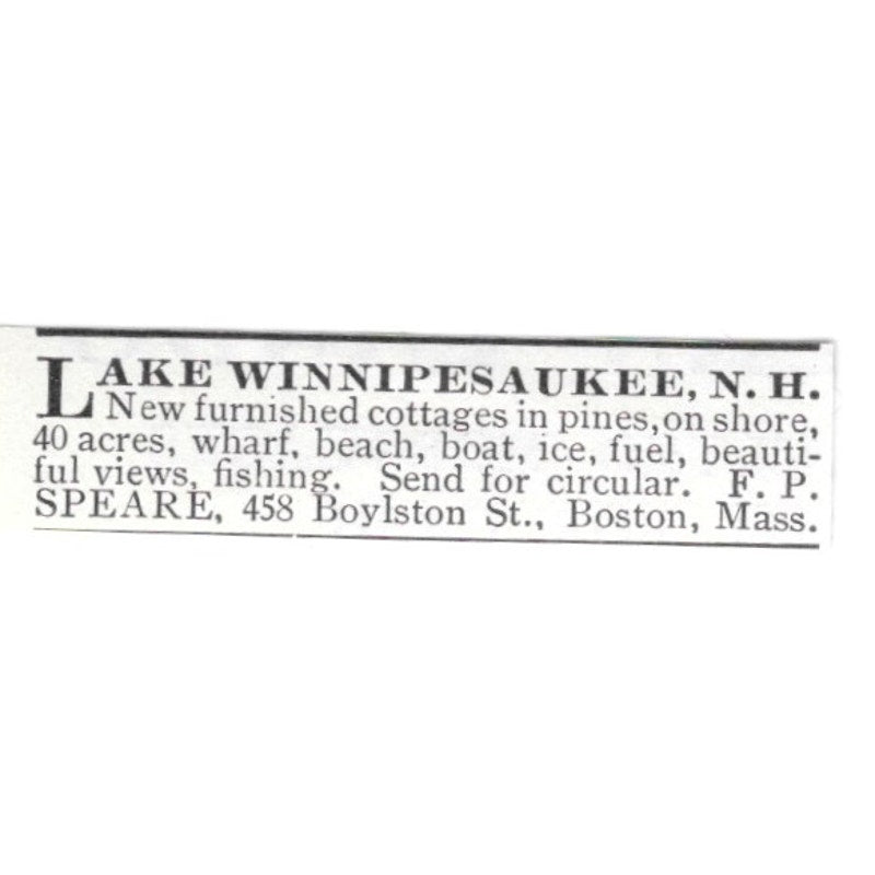 Lake Winnipesaukee NH Furnished Cottages F.P. Speare 1903 Ad AF8-S43