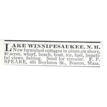 Lake Winnipesaukee NH Furnished Cottages F.P. Speare 1903 Ad AF8-S43