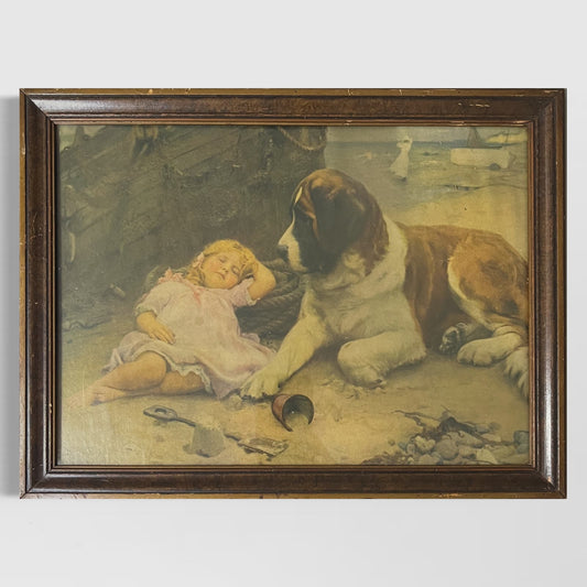 1906 Framed Wall Art Print Arthur Elsley Girl Sleeping St Bernard Dog On Beach