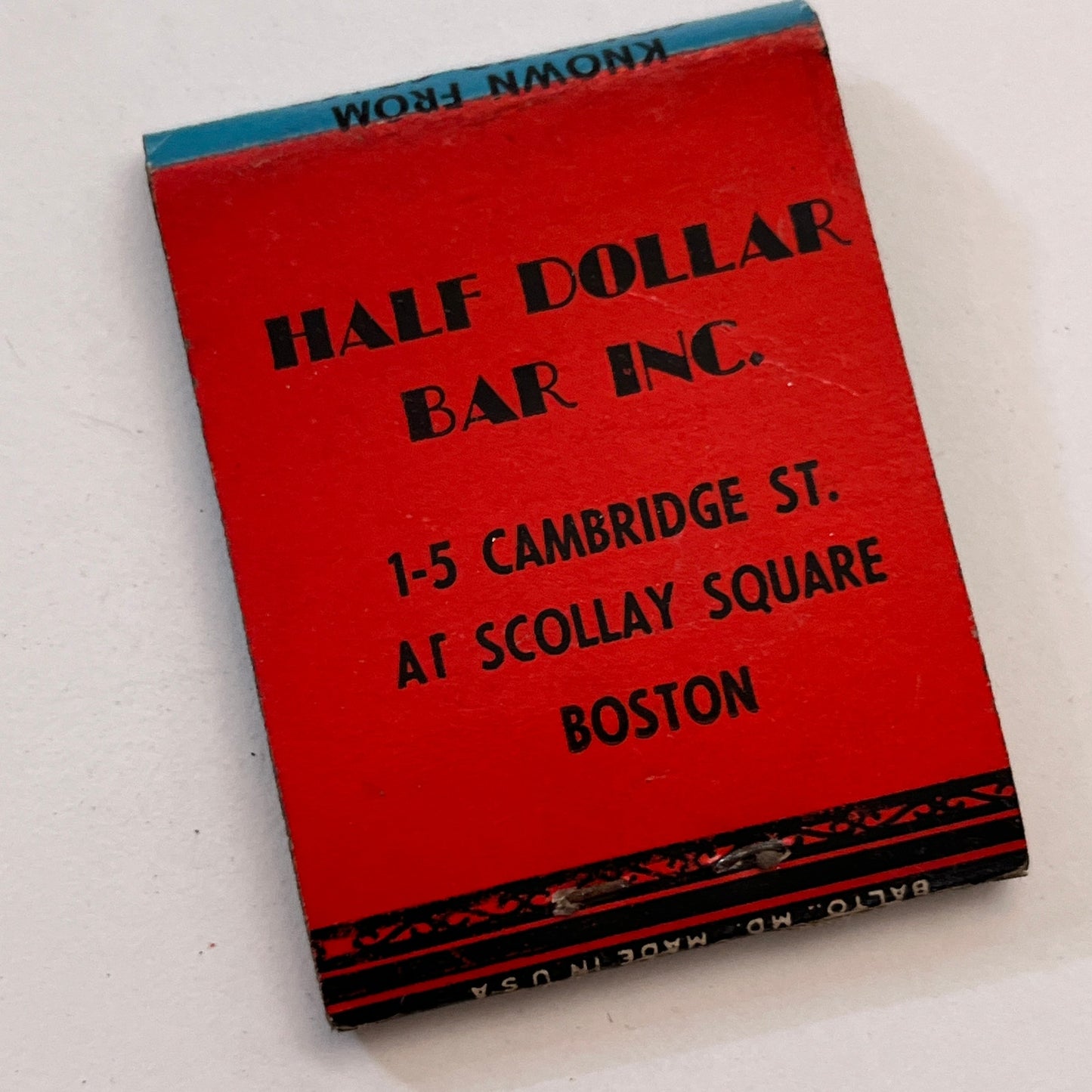 Half Dollar Bar Inc 1-5 Cambridge St Scollay Sq Boston Matchbook Cover TB8-MB3-9