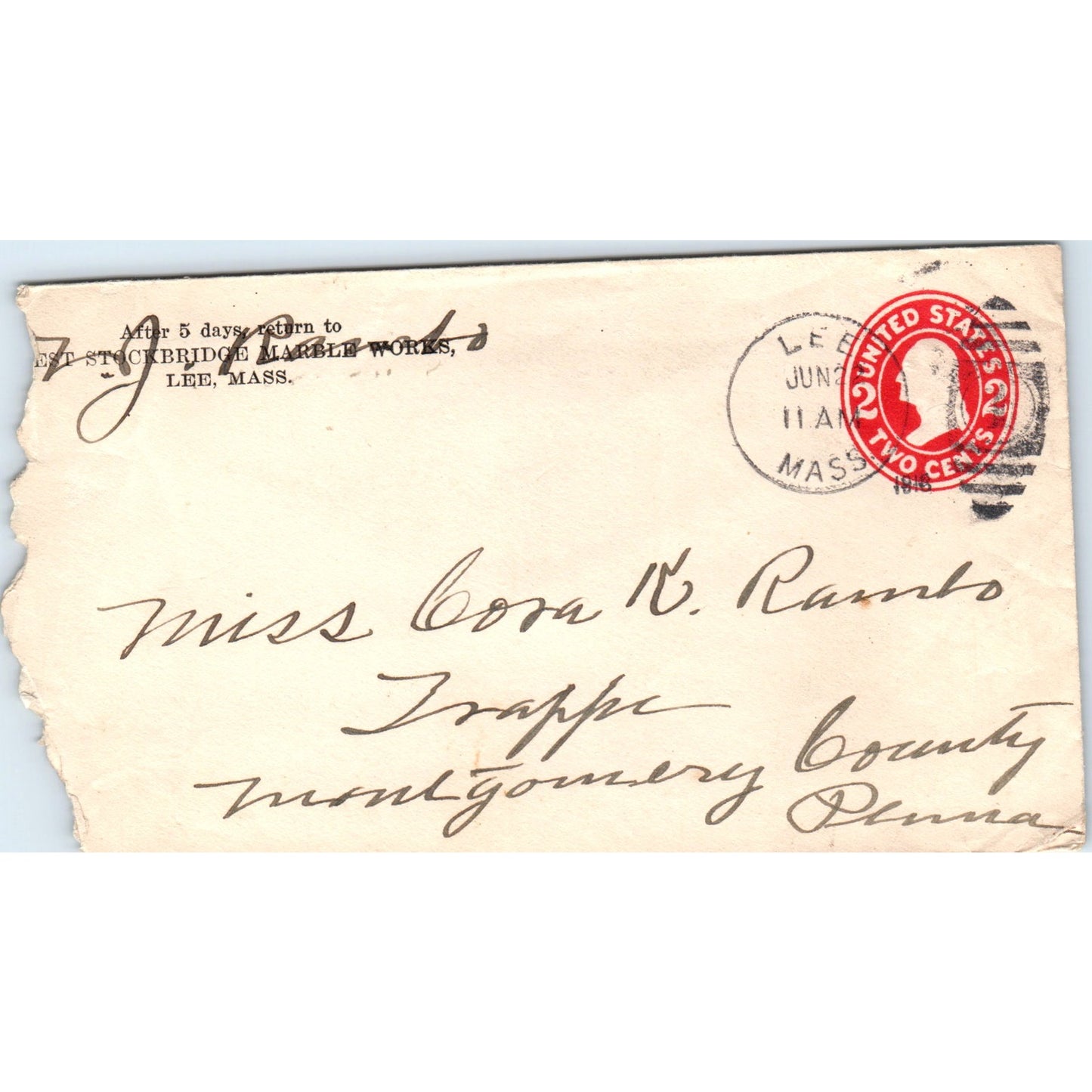 1916 West Stockbridge Marble Works Co Lee MA Postal Cover Envelope TG7-PC2