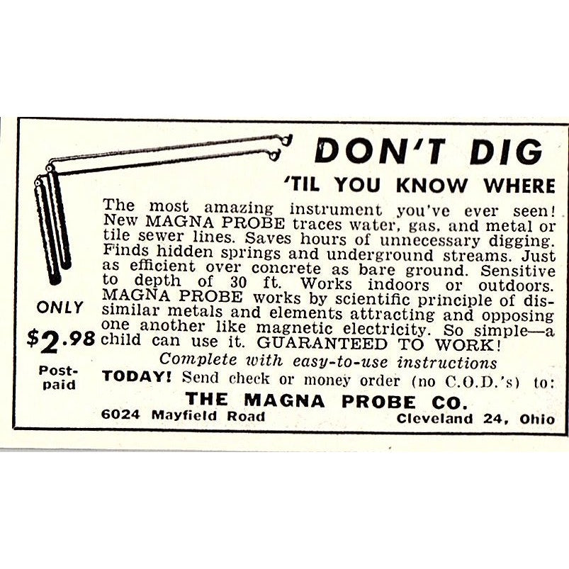 The Magna Probe - Traces Water, Gas Lines At Home Cleveland OH 1955 Ad AF9-S7