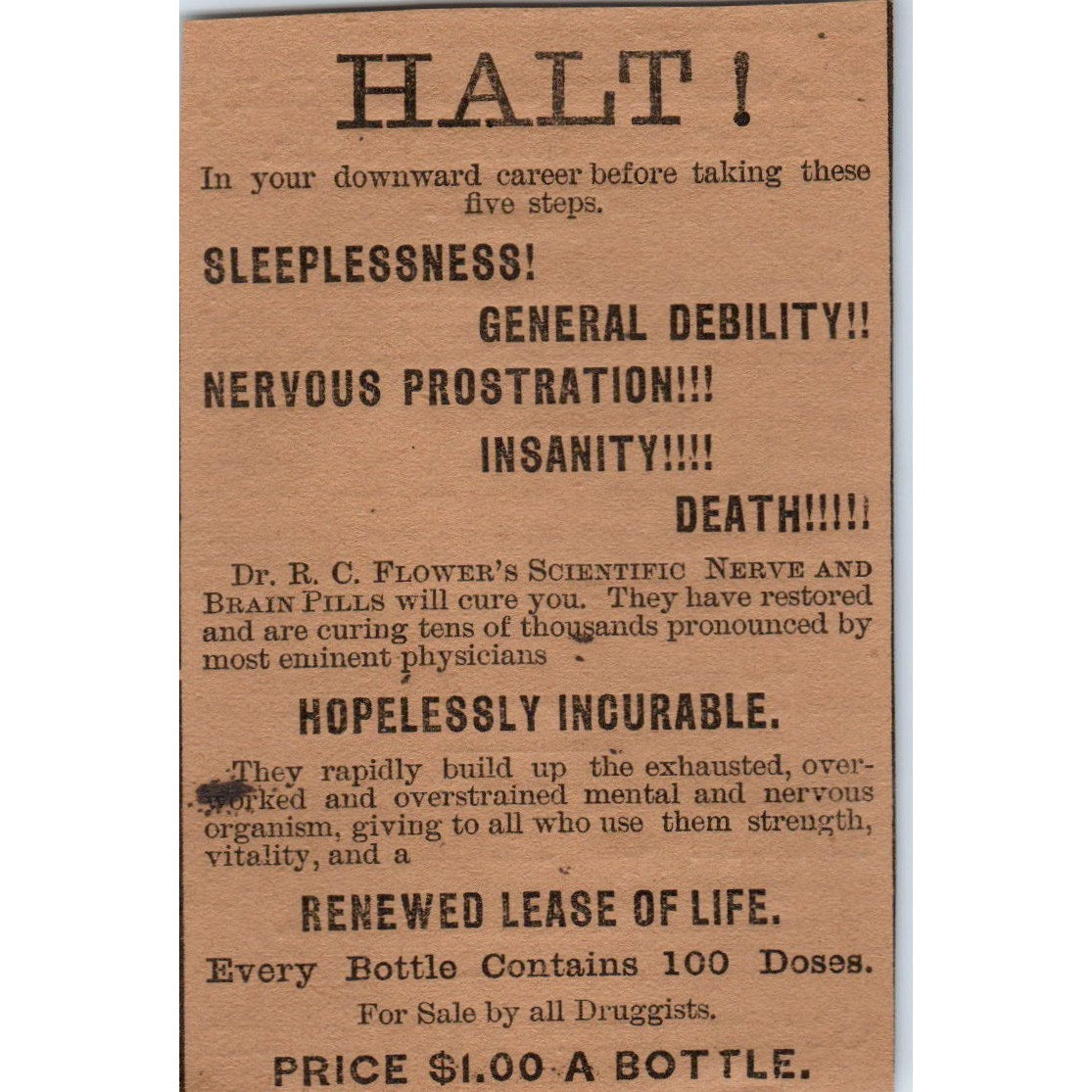 Dr R.C Fowler Scientific Nerve & Brain Pills 1886 Hartford Victorian Ad AB8-HT1