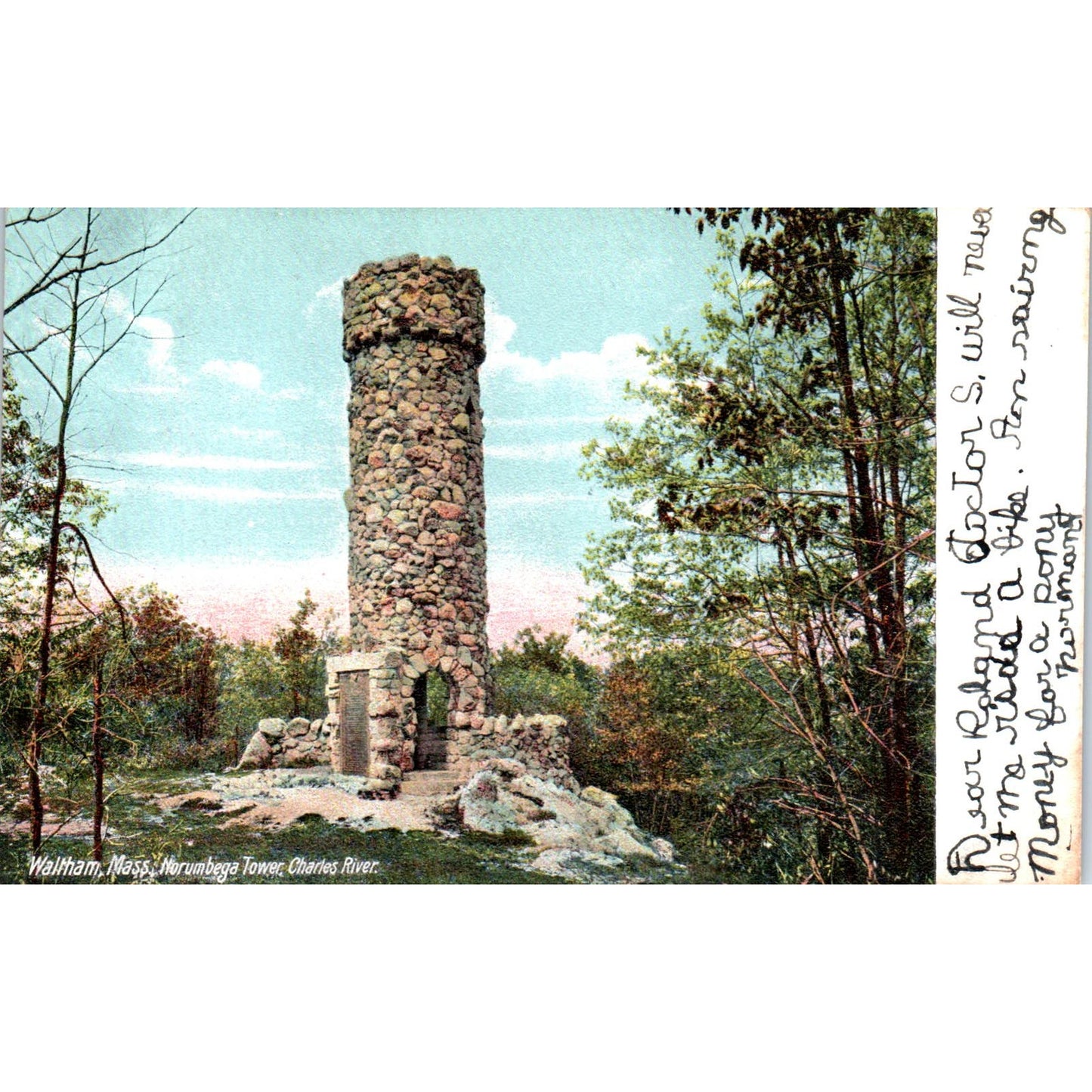 Waltham MA Norumbega Tower Charles River c1905 Antique Postcard PC7