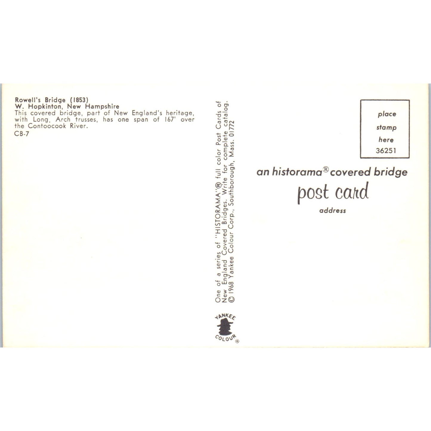 Rowell's Bridge W. Hopkinton NH Vintage Covered Bridge Postcard PD6