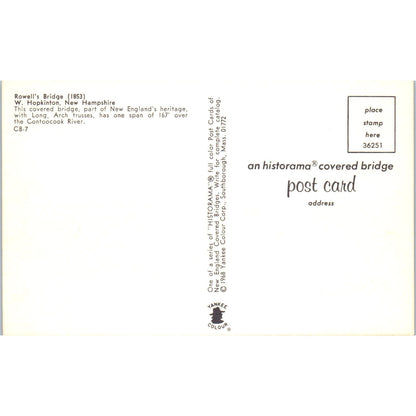 Rowell's Bridge W. Hopkinton NH Vintage Covered Bridge Postcard PD6