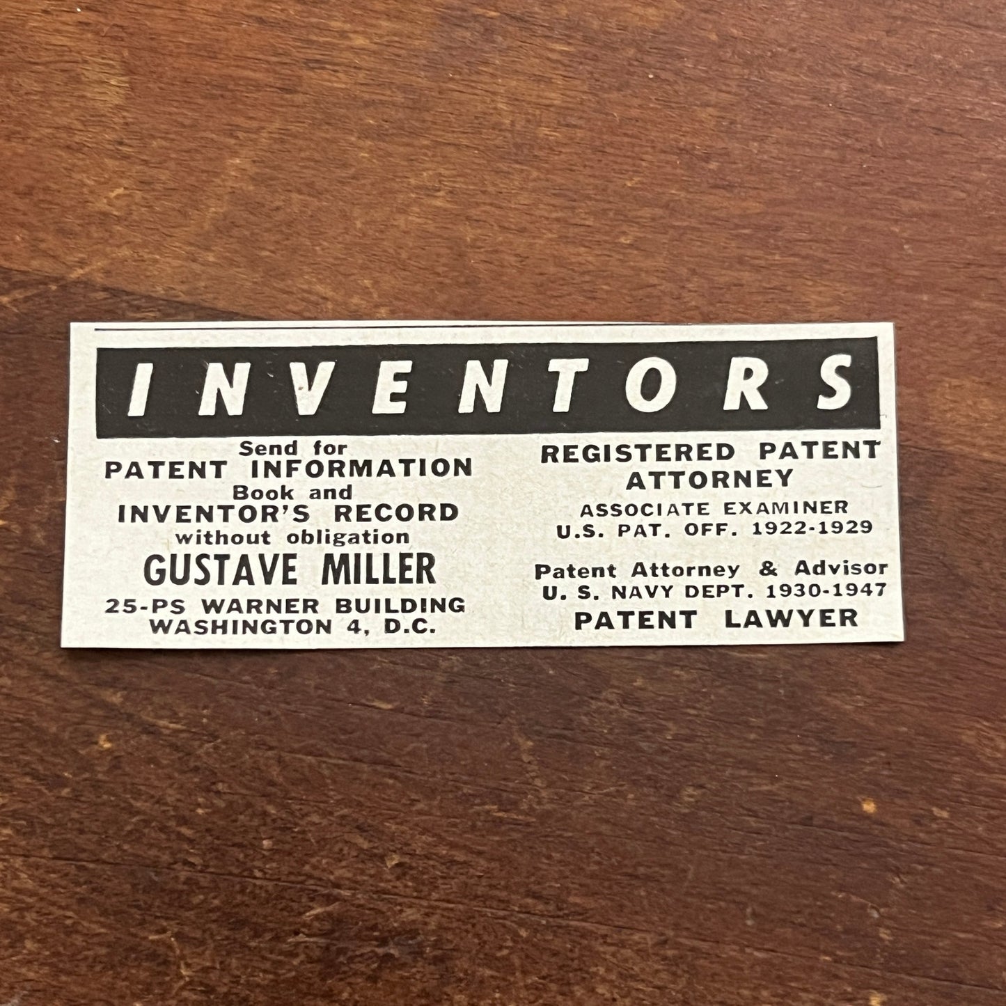 Gustave Miller Patent Attorney Washington DC 1955 Ad AF9-S2