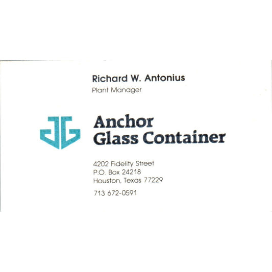 Richard W. Antonius Anchor Glass Container Houston Vintage Business Card SD8-B4