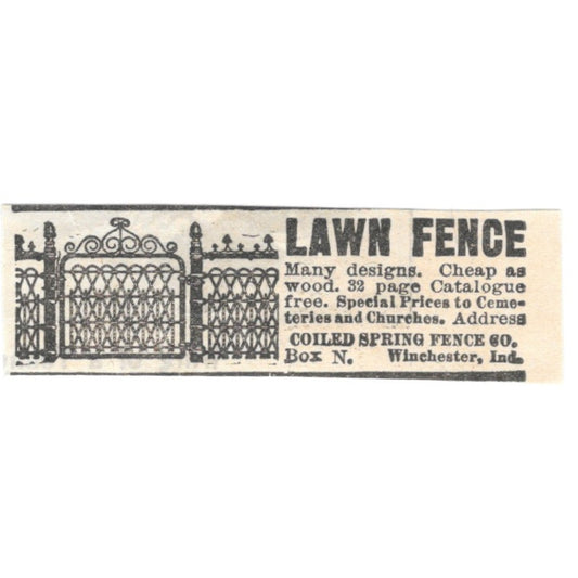 Lawn Fence Coiled Spring Fence Co Winchester IN 1905 Magazine Ad AF1-NES1