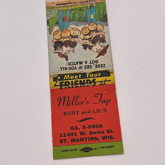 Miller's Tap Rudy & Lil St. Martins WI Vintage Matchbook Cover TB6-MB2-3