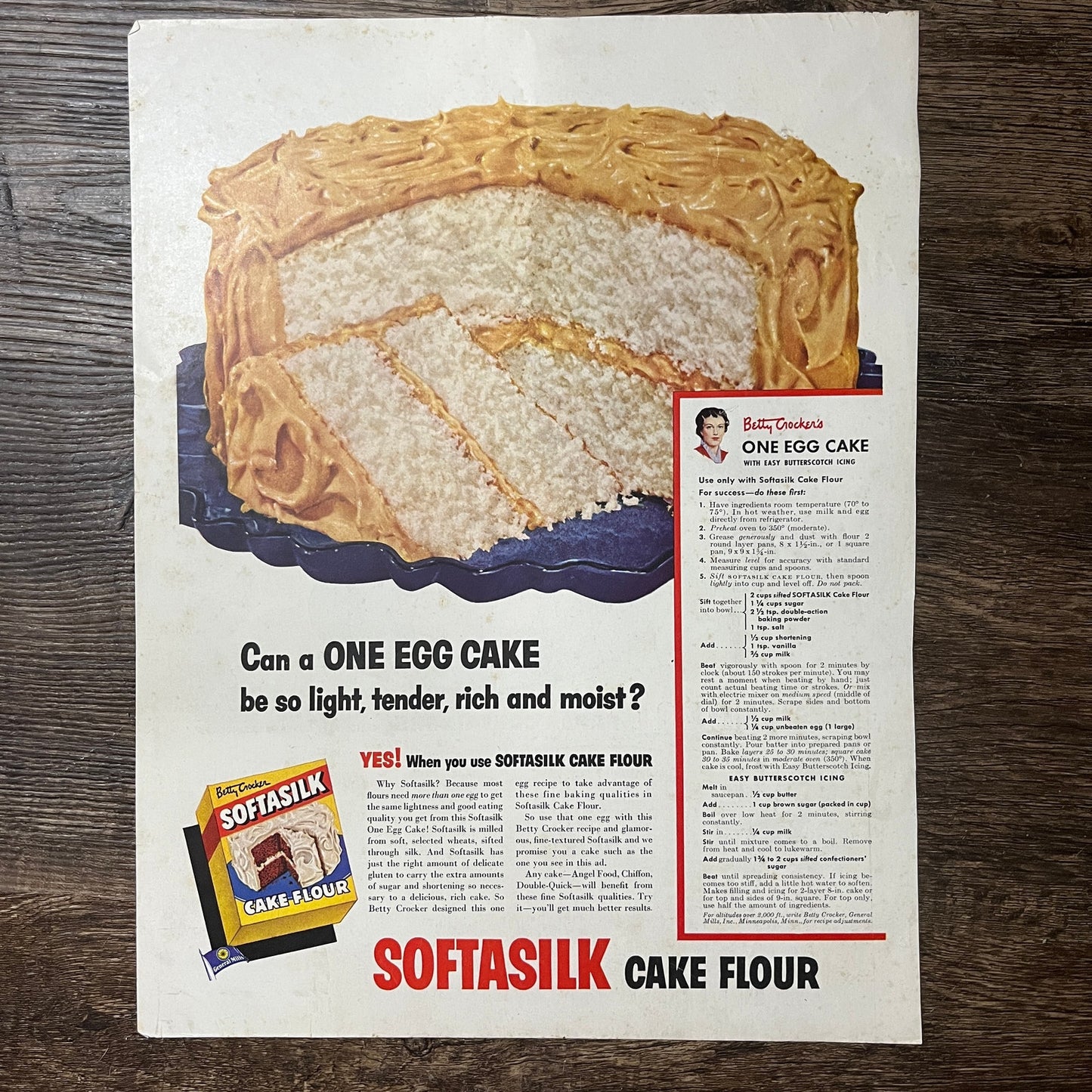 Betty Crocker Softasilk One Egg Cake w/ Recipe Vintage Magazine Ad 11x14 V9