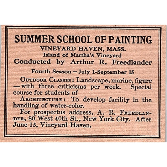 Summer School of Painting Vineyard Haven MA - 1908 Ad AF5-5
