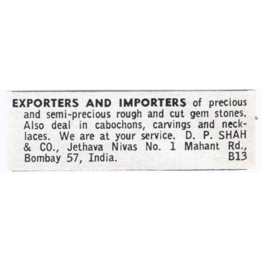 D.P. Shah & Co Precious Stone Import Export Bombay India 1964 Magazine Ad AK6-S8