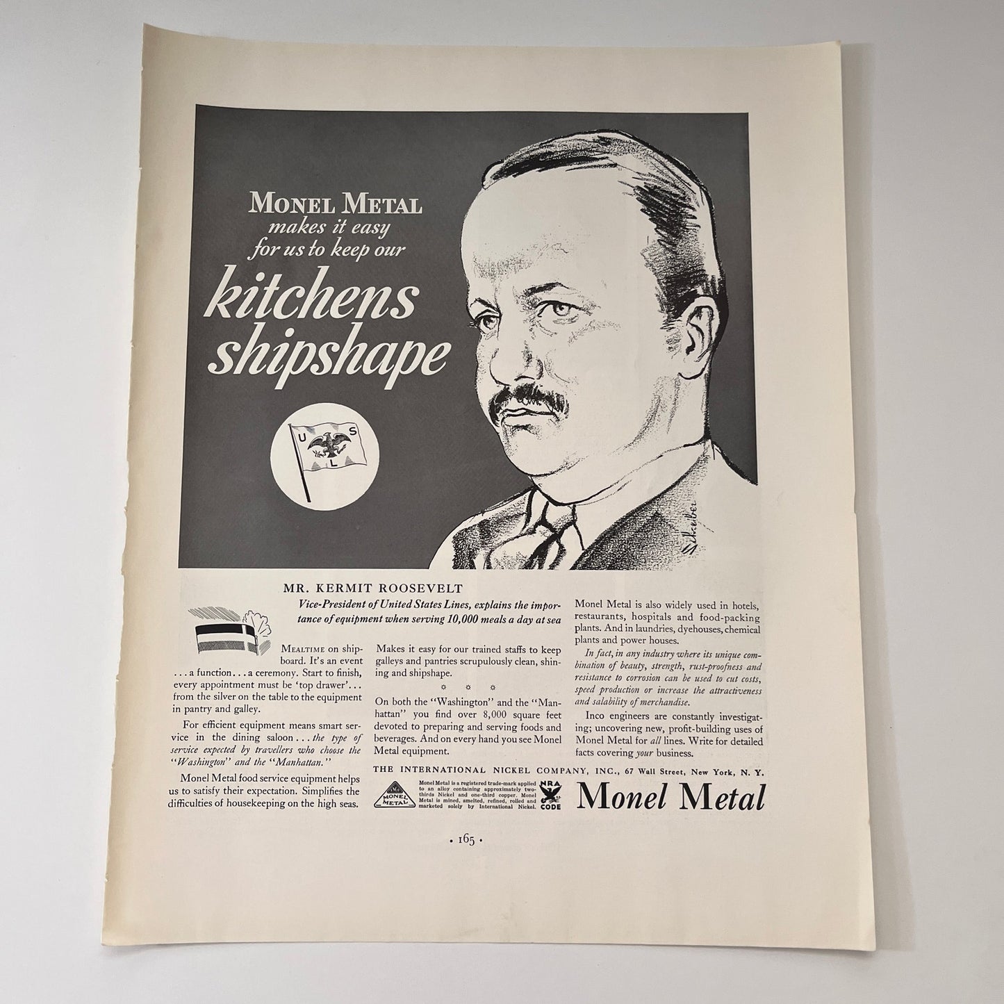 Monel Metal Kermit Roosevelt United States Lines NY 1935 Ad V1-4