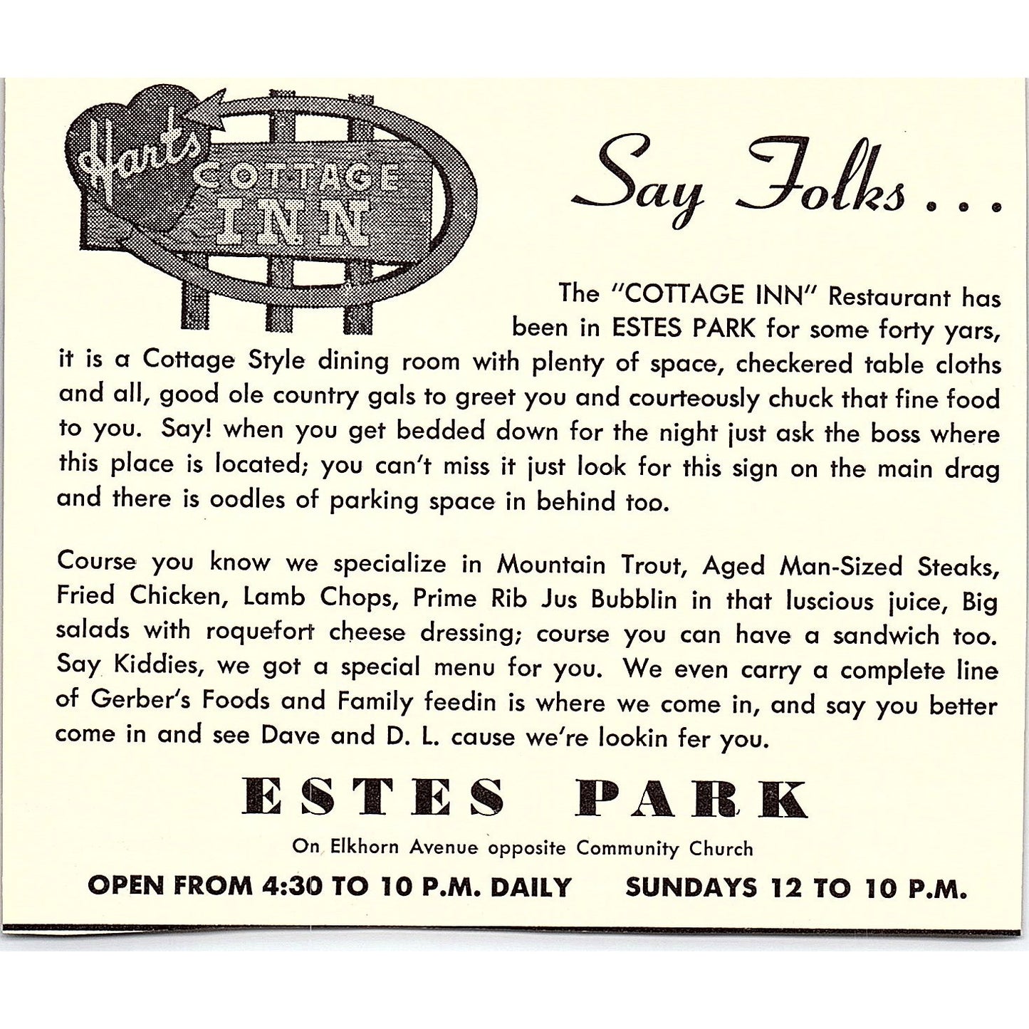 Timberlane Motor Lodge, Dave & DL Hart's Cottage Inn Estes Park 1958 Ad AG1-H1