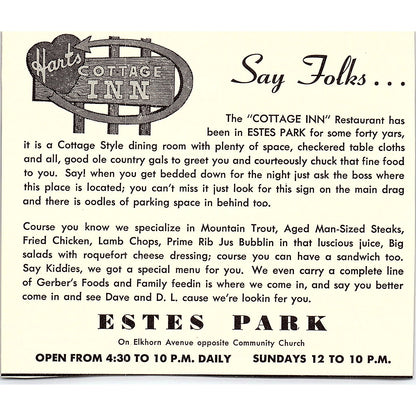 Timberlane Motor Lodge, Dave & DL Hart's Cottage Inn Estes Park 1958 Ad AG1-H1