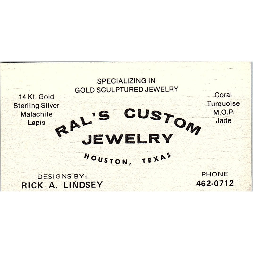 Ral's Custom Jewelry Rick A. Lindsey Houston Texas Vintage Business Card SB4-B2