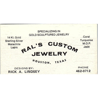 Ral's Custom Jewelry Rick A. Lindsey Houston Texas Vintage Business Card SB4-B2