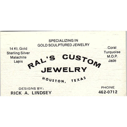 Ral's Custom Jewelry Rick A. Lindsey Houston Texas Vintage Business Card SB4-B2