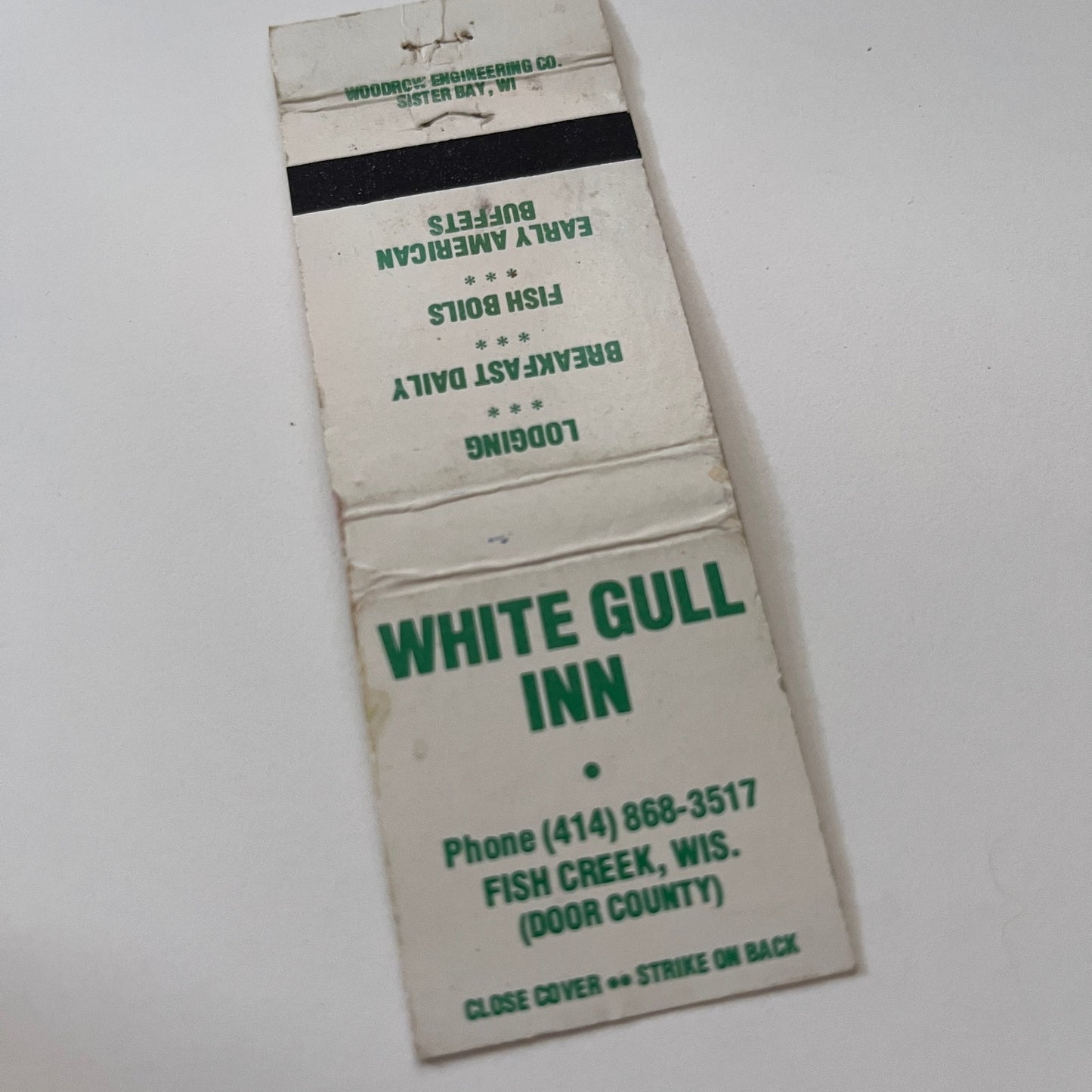 White Gull Inn Fish Creek Wisconsin Vintage Matchbook Cover TB6-MB2-1