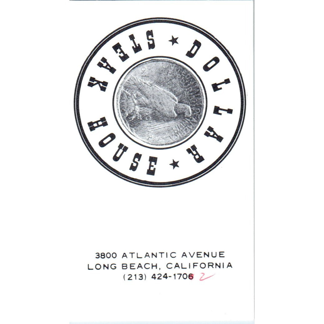 Dollar Steak House Long Beach CA Vintage Business Card SD8-B7