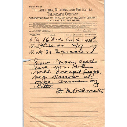 1899 Philadelphia, Reading and Pottsville Telegraph Company Telegram D11