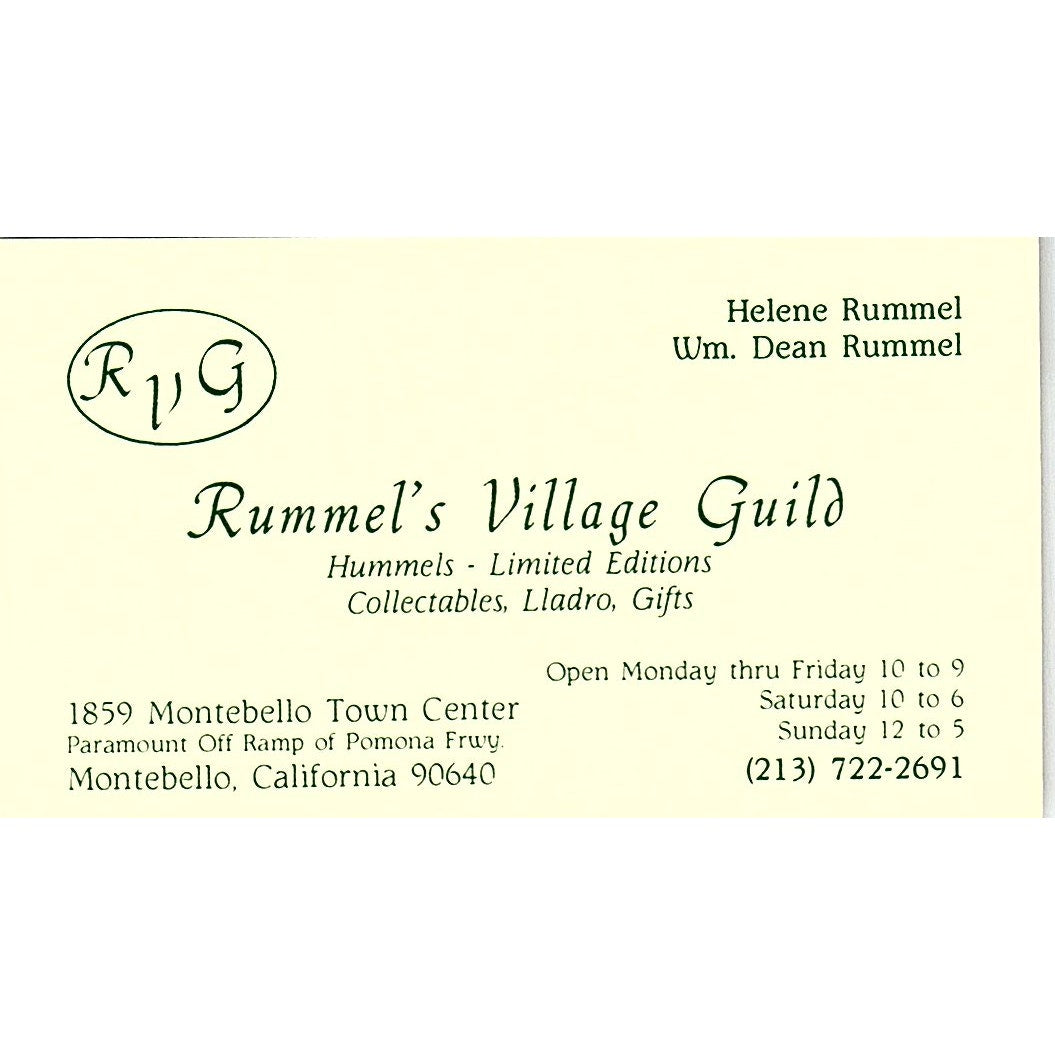 Helene & Wm Dean Rummel's Village Guild Montebello Vintage Business Card SC9-B5