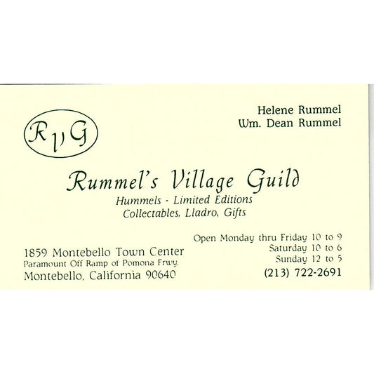 Helene & Wm Dean Rummel's Village Guild Montebello Vintage Business Card SC9-B5