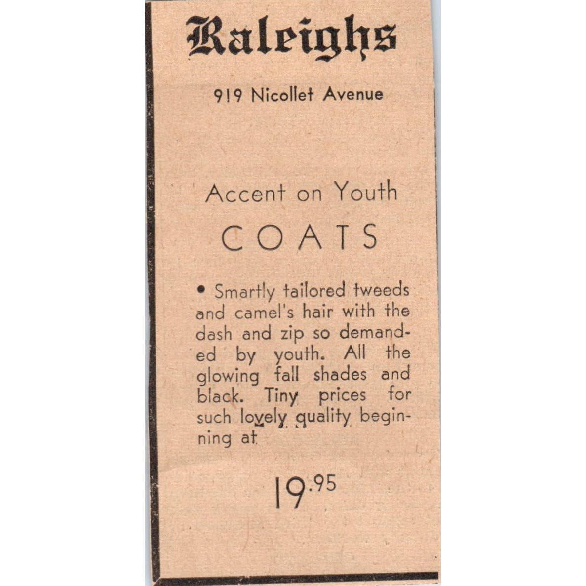 Raleighs Coats Nicollet Ave 1935 Minneapolis Journal Advertisement AE7-H2