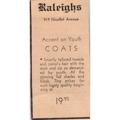 Raleighs Coats Nicollet Ave 1935 Minneapolis Journal Advertisement AE7-H2
