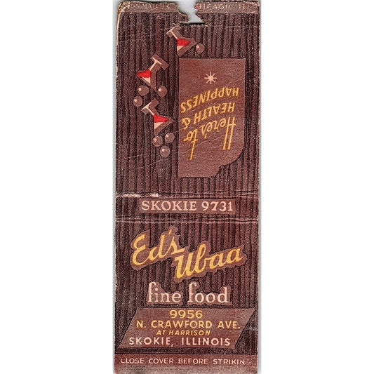 Ed's Ubaa Fine Food Skokie IL Vintage Matchbook Cover SF3-Y5
