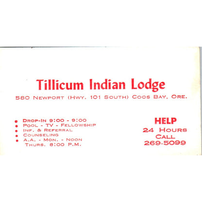 Tillicum Indian Lodge Coos Bay OR Vintage Business Card SE3-B1