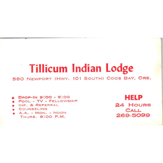 Tillicum Indian Lodge Coos Bay OR Vintage Business Card SE3-B1