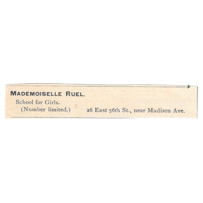 Mademoiselle Ruel Girls School Madison Ave NY 1892 Magazine Ad AB6-S6