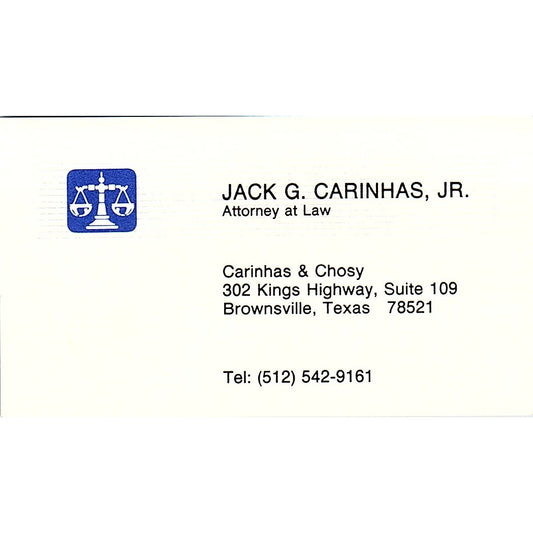 Jack G Carinhas Jr Brownsville TX Vintage Business Card SD9-B12