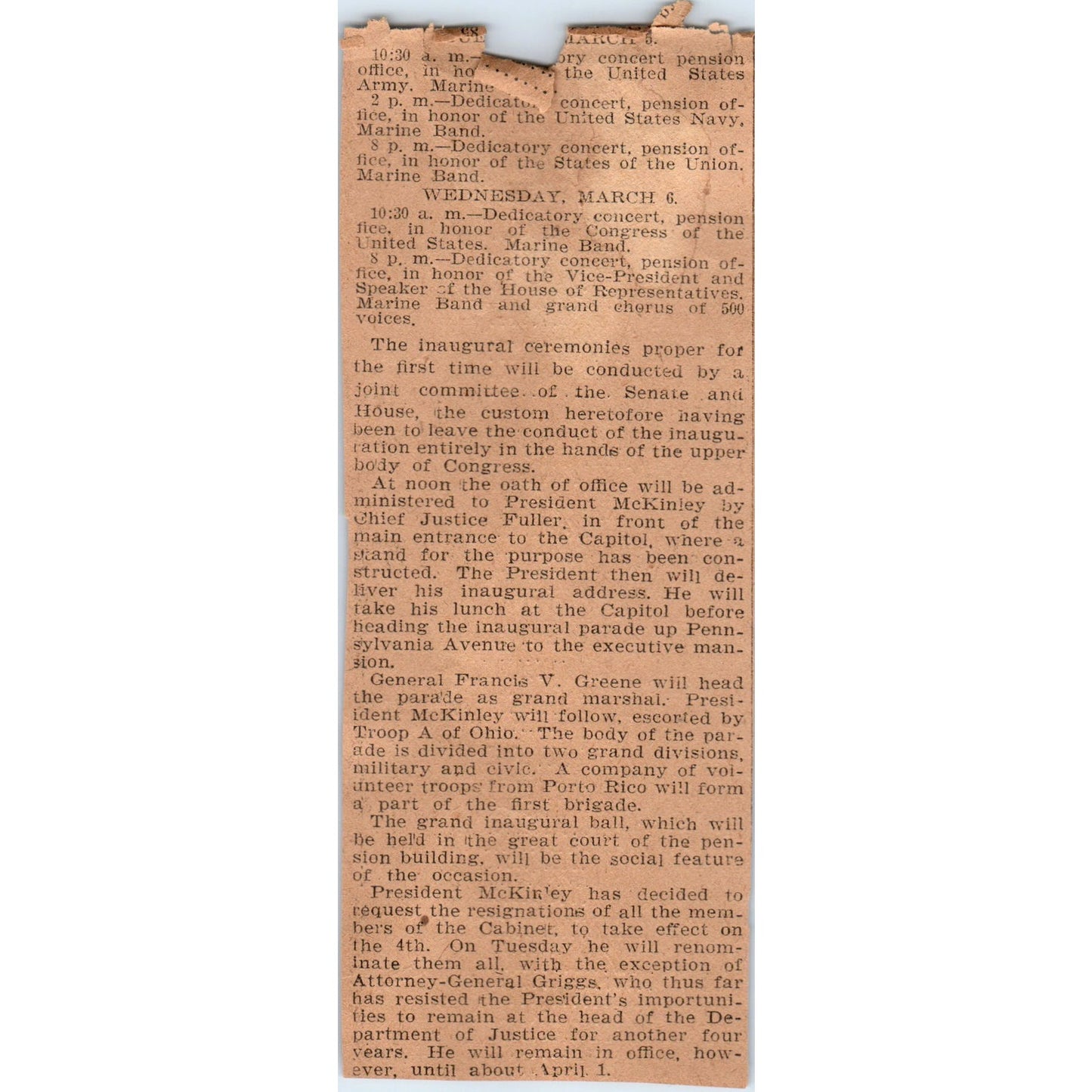 President McKinley and Roosevelt Inauguration Schedule 1901 Newspaper Ad AD8-H3