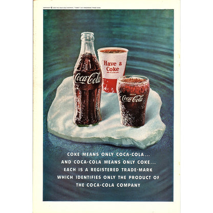 Ice Cold Coke Floating on a Glacier 1960 Coca-Cola Coke Ad 6.75x10 V19