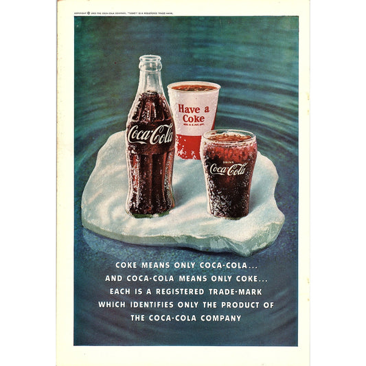 Ice Cold Coke Floating on a Glacier 1960 Coca-Cola Coke Ad 6.75x10 V19