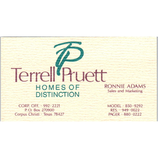 Ronnie Adams Terrell Pruett Homes Corpus Christi Vintage Business Card SD8-B18