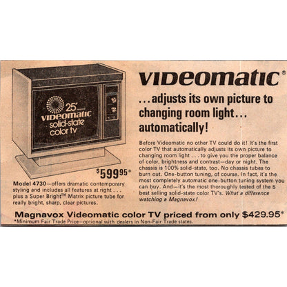 Magnavox Videomatic Solid-State Color TV 1973 Ad AH2-2