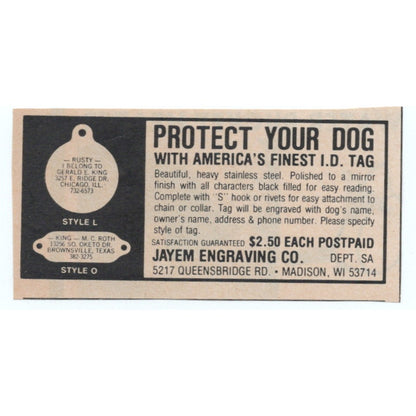 Jayem Engraving Co Dog Tags Madison WI 1977 Ad AF6-M4