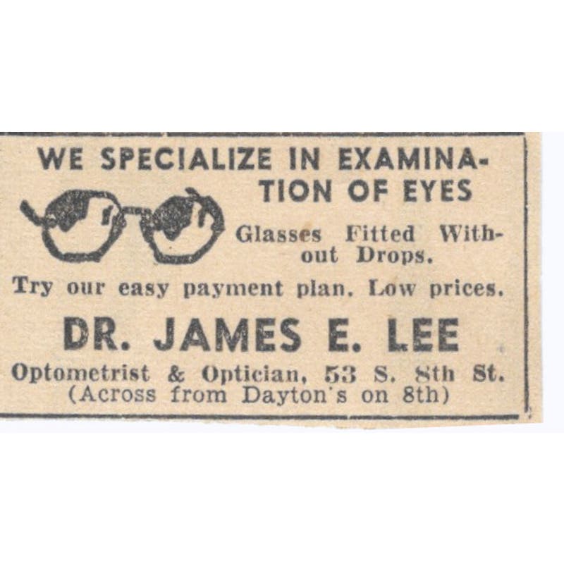 Dr. James E. Lee Optometrist 1935 Minneapolis Journal Advertisement AE7-H3