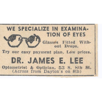 Dr. James E. Lee Optometrist 1935 Minneapolis Journal Advertisement AE7-H3