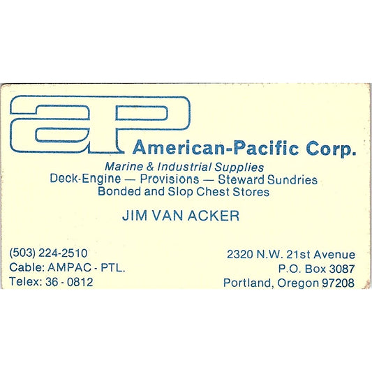 Jim Van Acker AP American-Pacific Corp Portland OR Vintage Business Card SD9-B8