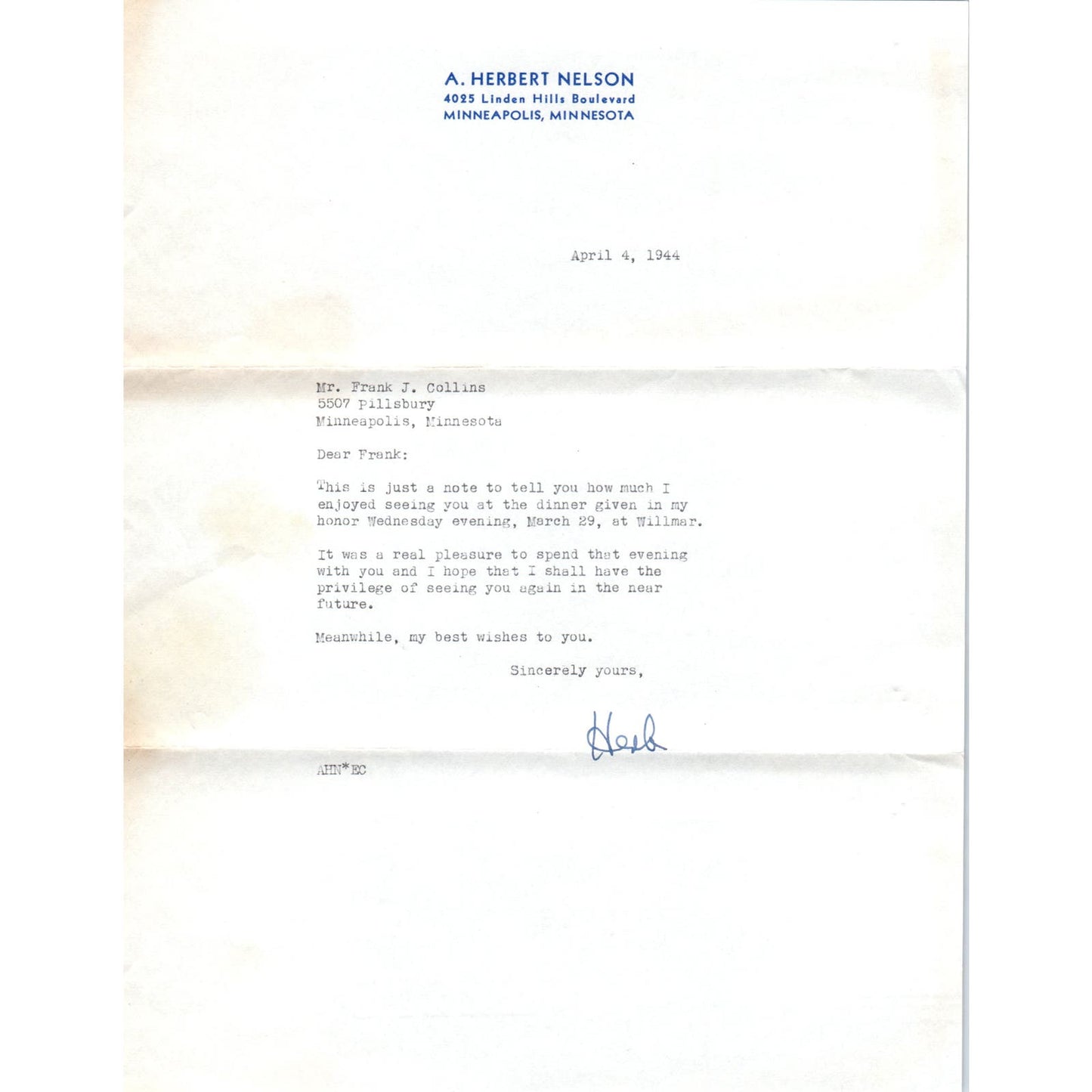 1944 A. Herbert Nelson Letterhead Memo to Frank J. Collins Minneapolis MN D9