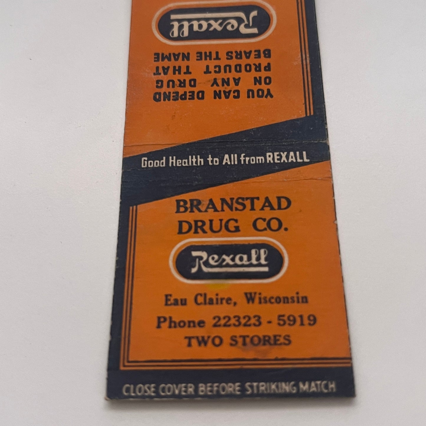 Branstad Drug Co Rexall Eau Claire WI Vintage Matchbook Cover TB8-MB2-2