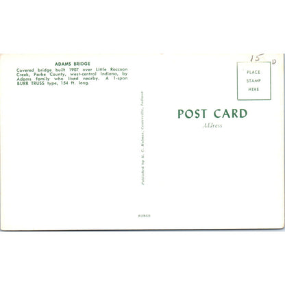 Adams Bridge Little Raccoon Creek Parke County IN Covered Bridge Postcard PC8